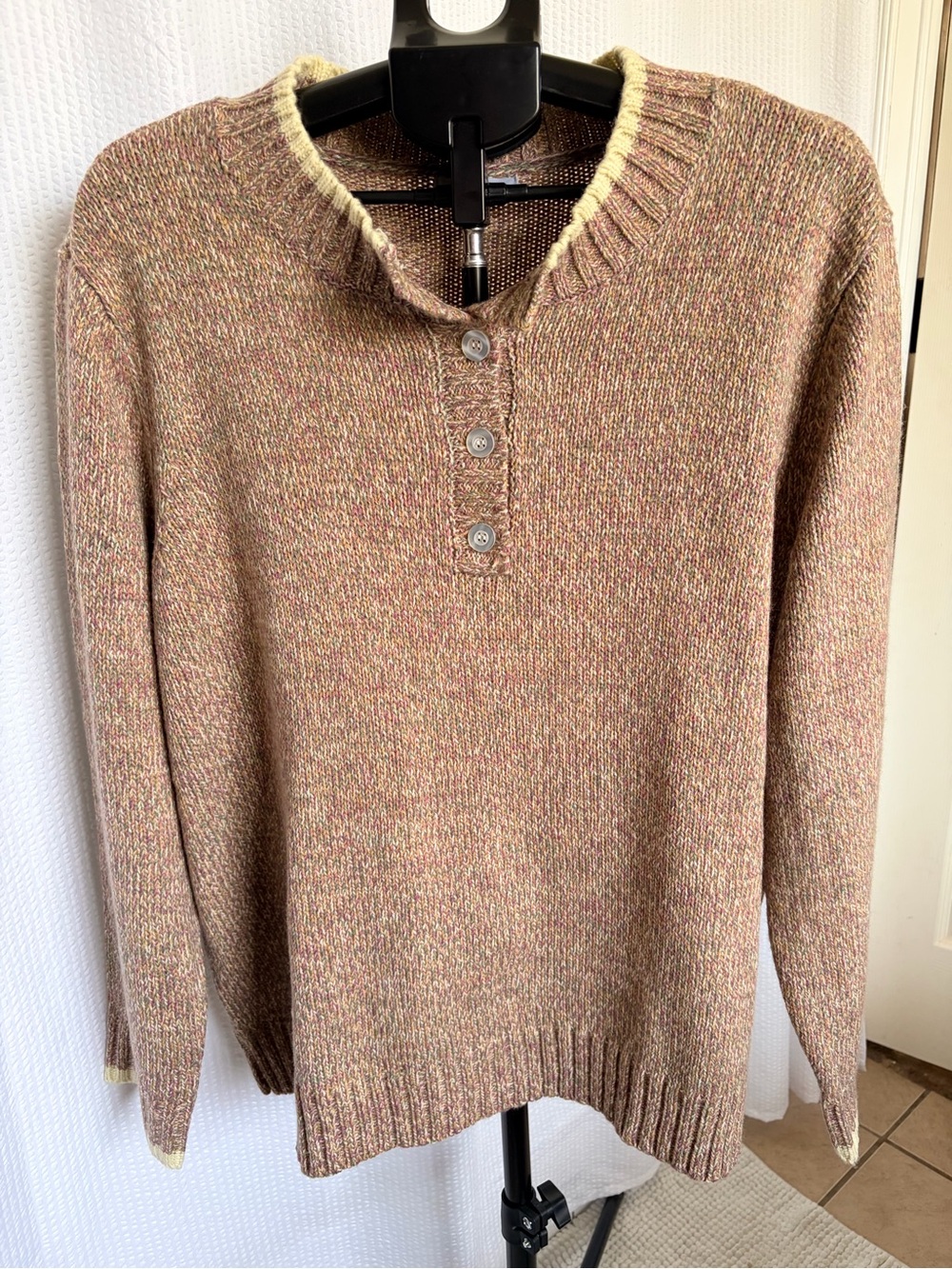 Cozy Multicolor Crew Henley Sweater - Neutral Brown Blend